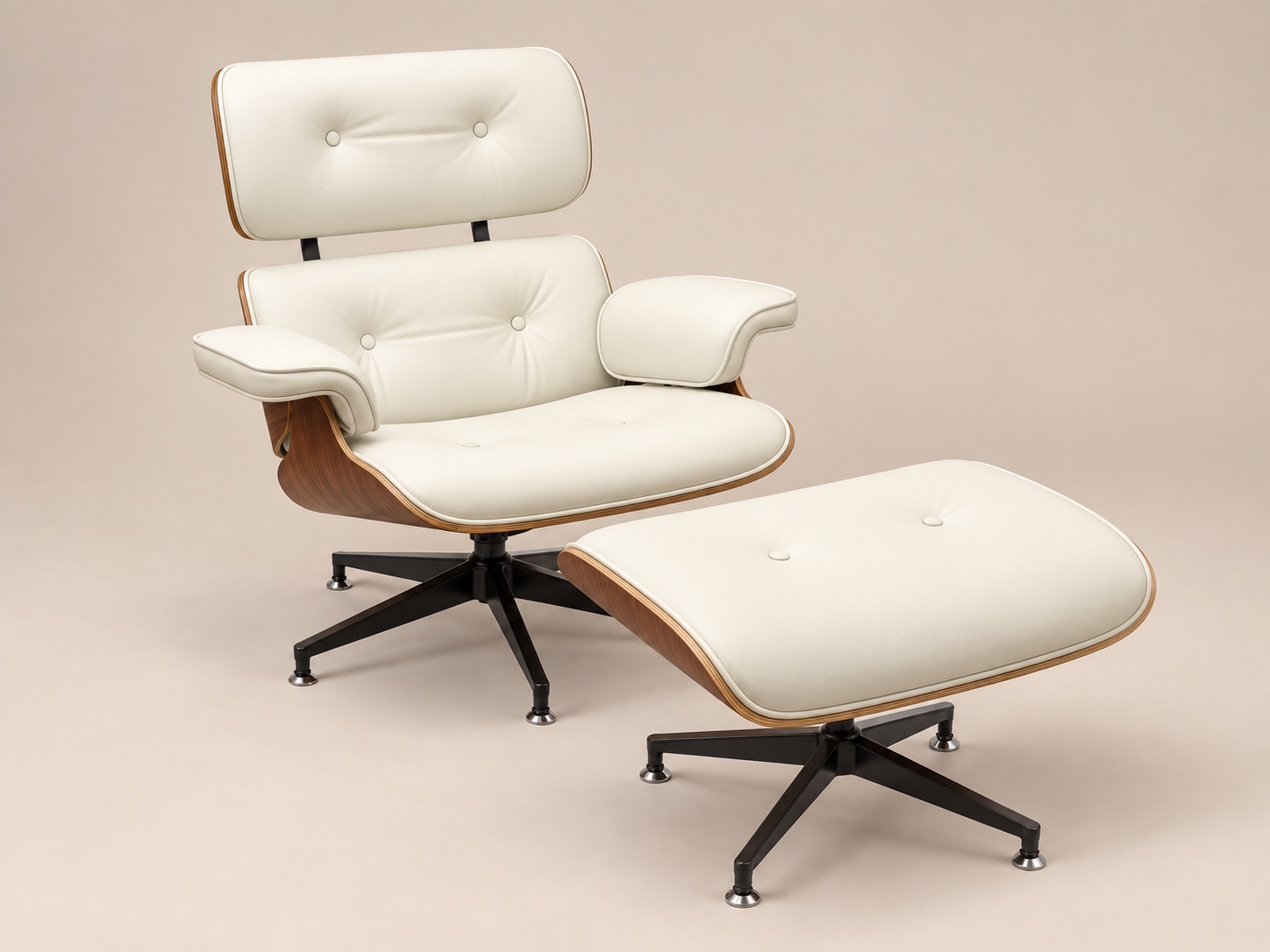 White leather lounge chair and matching ottoman with walnut shells, three-quarter view