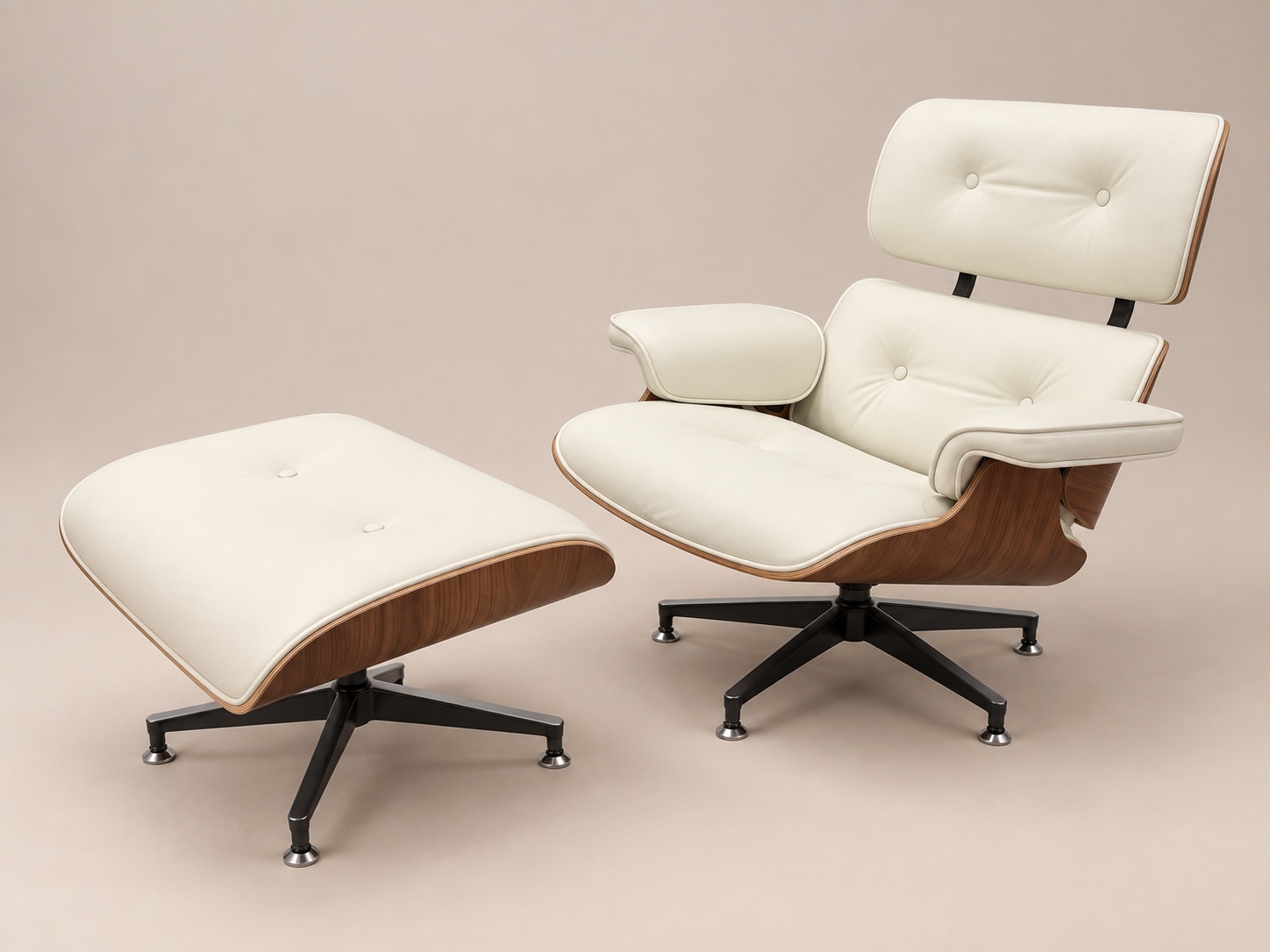 Angled side view of the white leather chair and ottoman showing the walnut shells