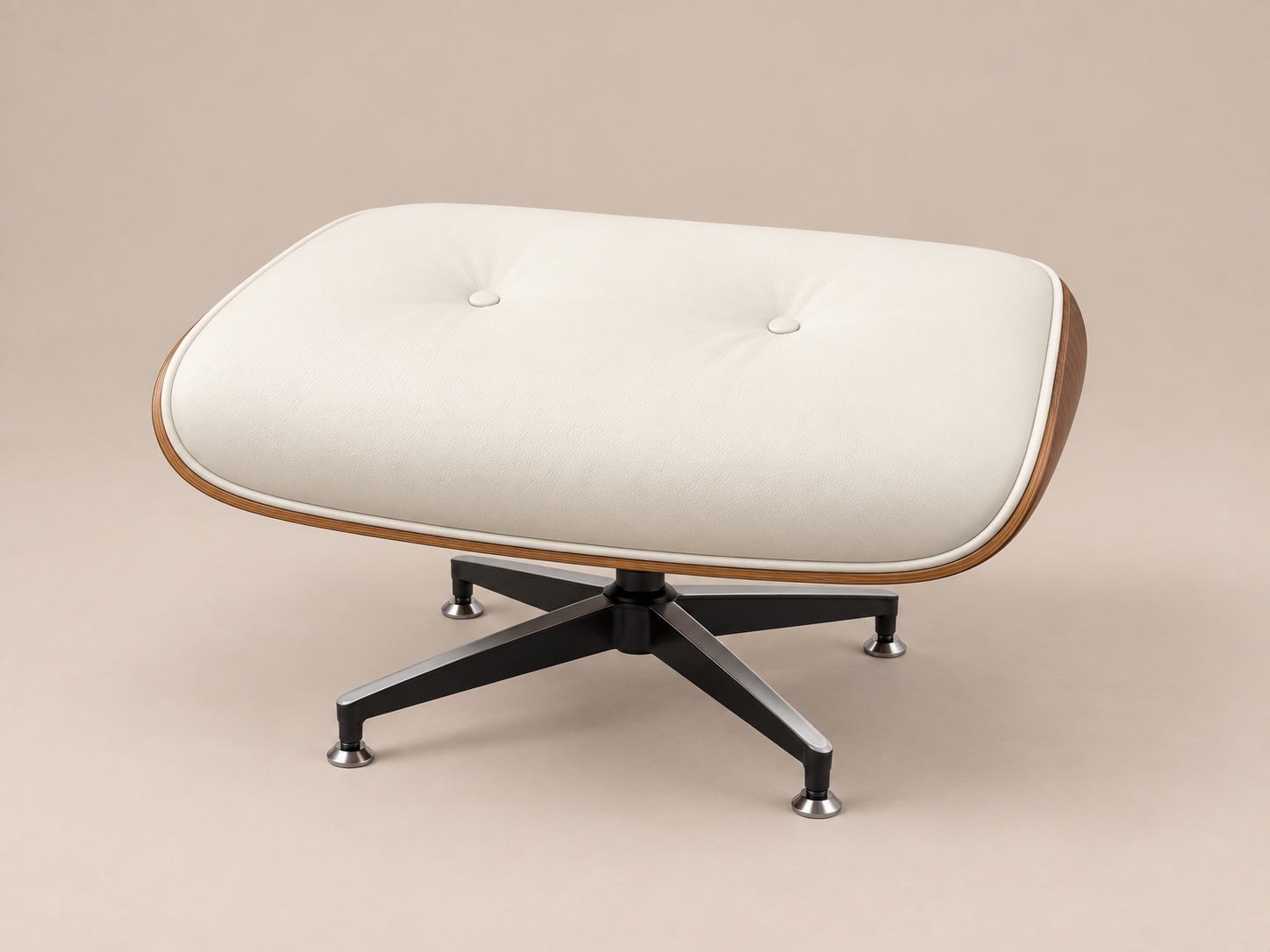 White leather ottoman with walnut shell and four-star metal base